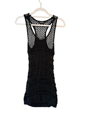 bebe Black Open-Knit Crochet Mini Tank Dress Cover Up Size S Y2K Boho Beach